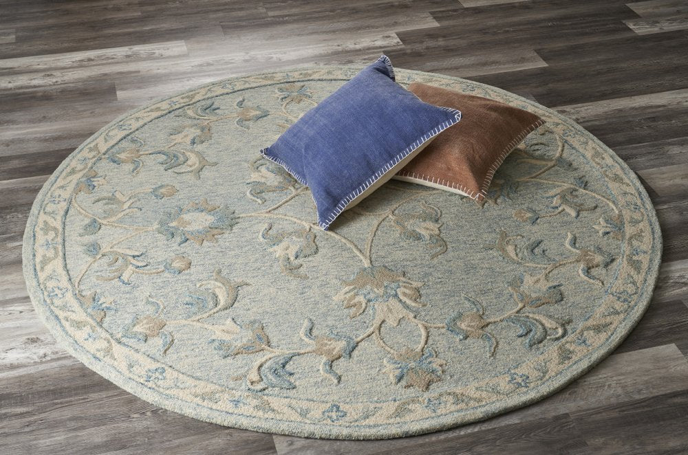 5' Blue And Ivory Round Wool Hand Tufted Area Rug