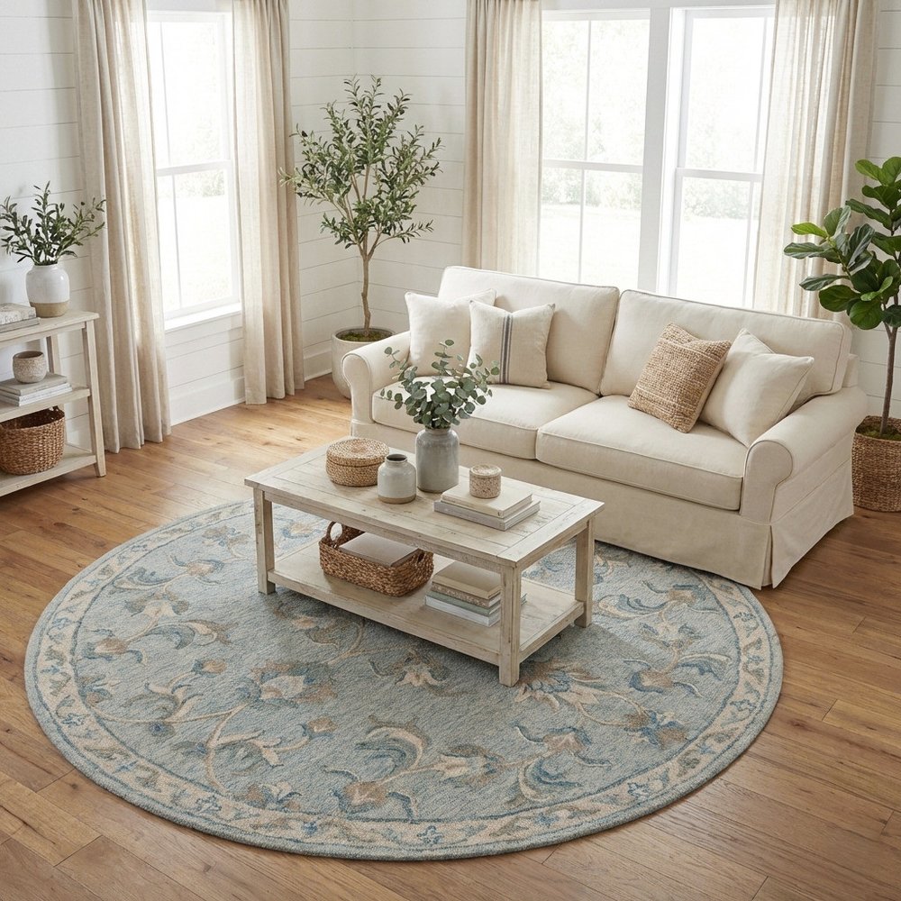 5' Blue And Ivory Round Wool Hand Tufted Area Rug