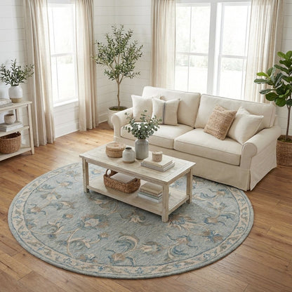 5' Blue And Ivory Round Wool Hand Tufted Area Rug