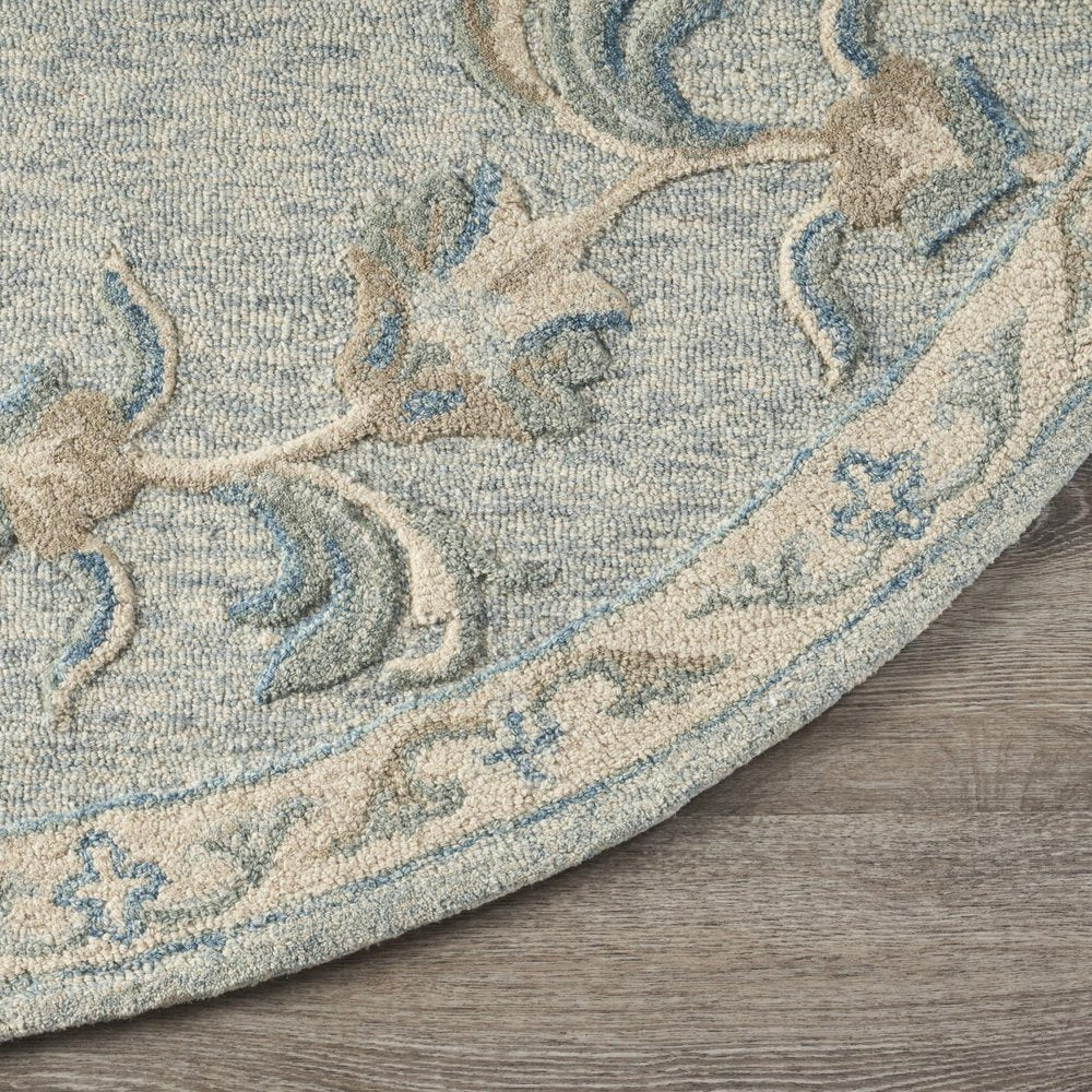 7' Blue And Ivory Round Wool Hand Tufted Area Rug