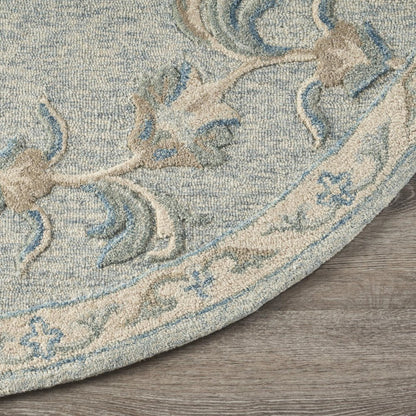 7' Blue And Ivory Round Wool Hand Tufted Area Rug