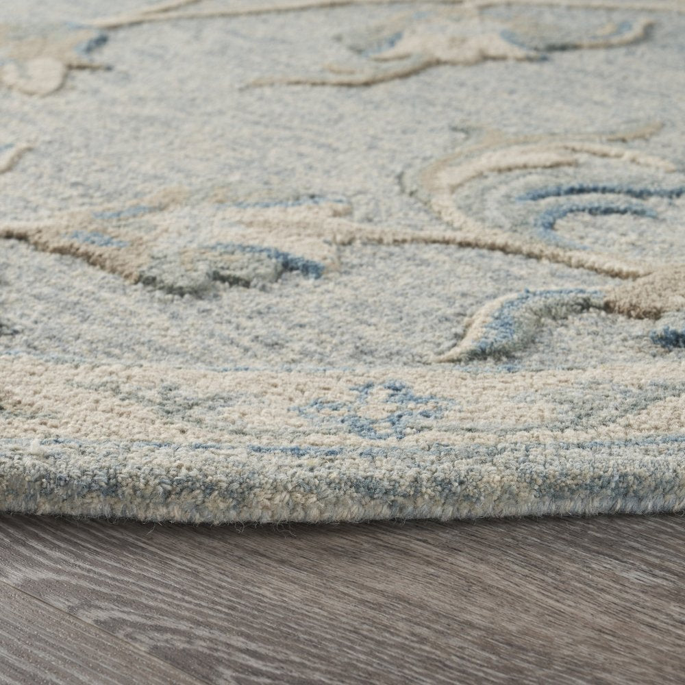 5' Blue And Ivory Round Wool Hand Tufted Area Rug