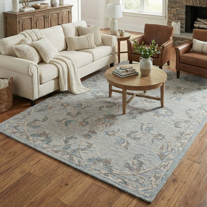 5' Blue And Ivory Round Wool Hand Tufted Area Rug