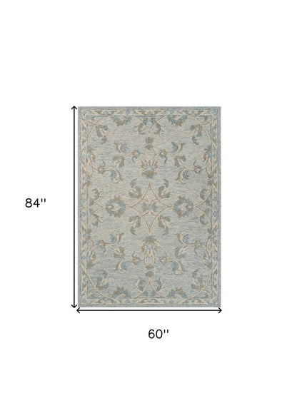 5' Blue And Ivory Round Wool Hand Tufted Area Rug