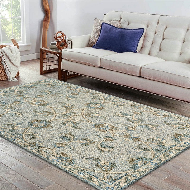 5' X 7' Blue And Ivory Wool Hand Tufted Area Rug