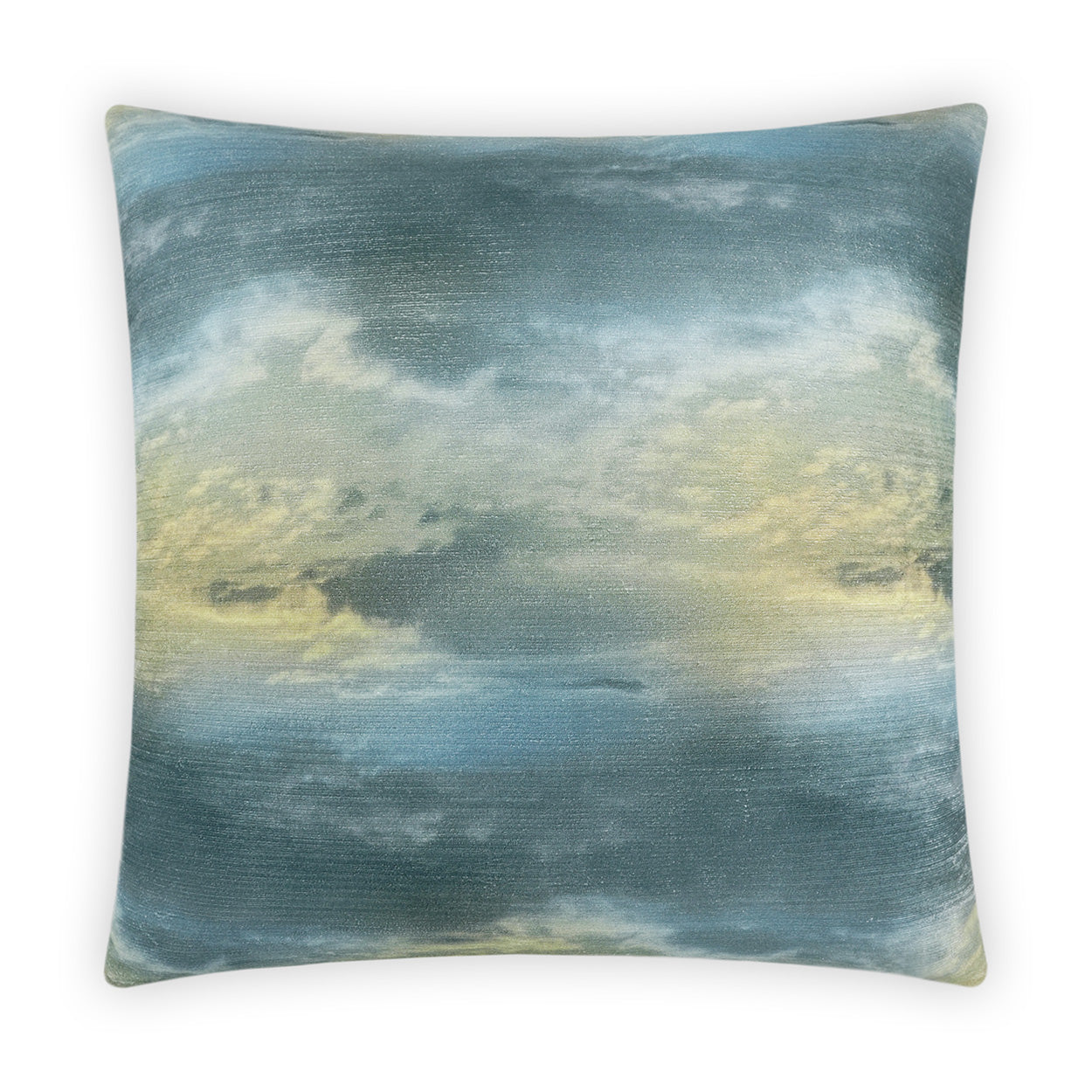 Square decorative throw pillow with blue-teal watercolor sky gradient and pale yellow clouds.