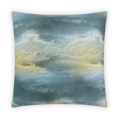 Square decorative throw pillow with blue-teal watercolor sky gradient and pale yellow clouds.