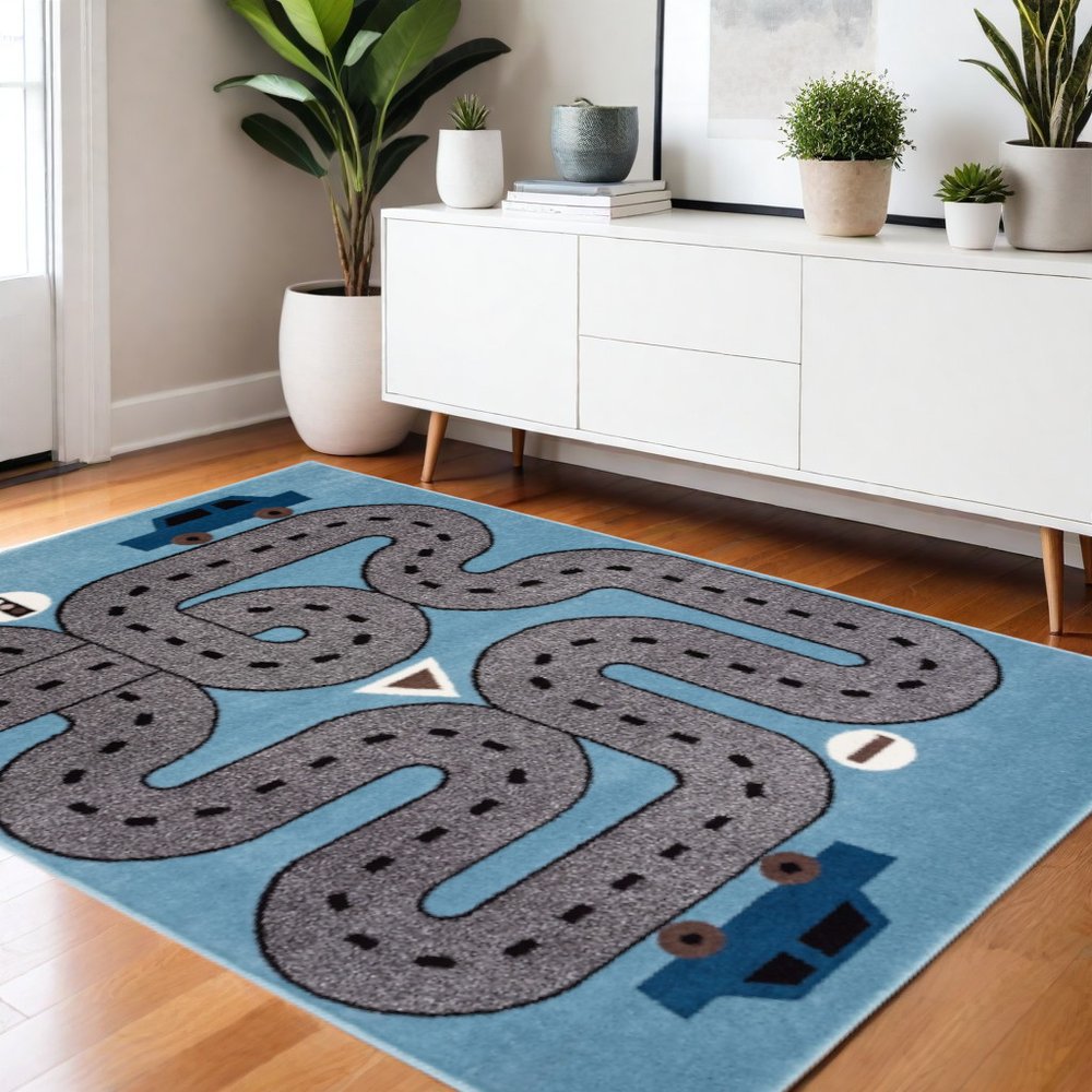 5' Round Blue Imaginative Racetrack Area Rug