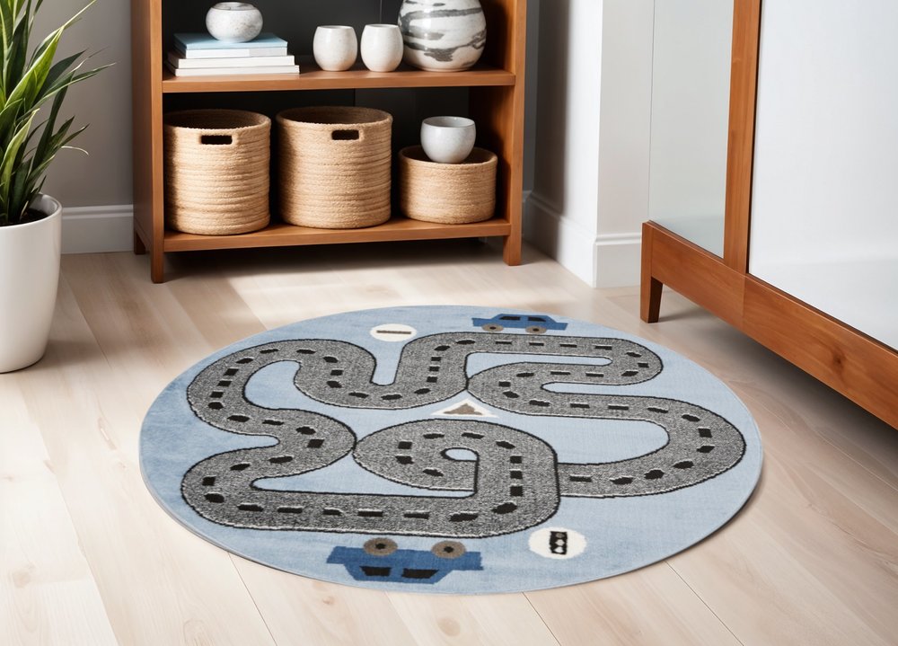 5' Round Blue Imaginative Racetrack Area Rug
