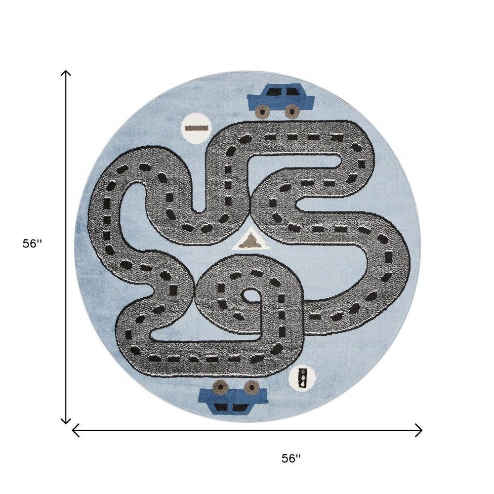5' Round Blue Imaginative Racetrack Area Rug
