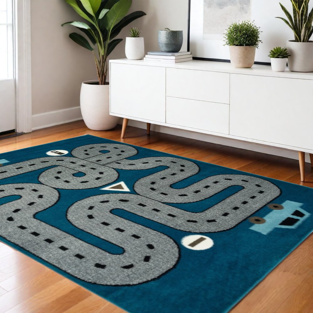 5' Round Navy Imaginative Racetrack Area Rug