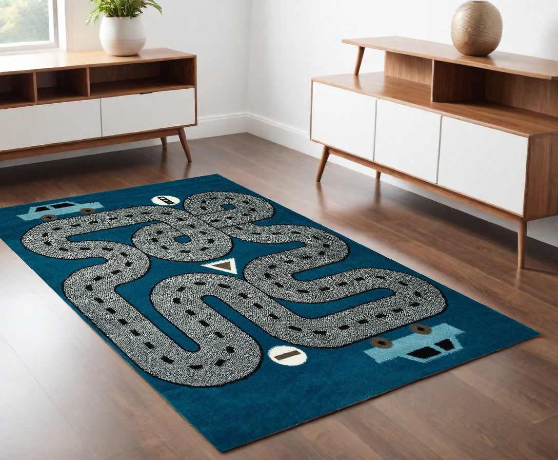 5' Round Navy Imaginative Racetrack Area Rug