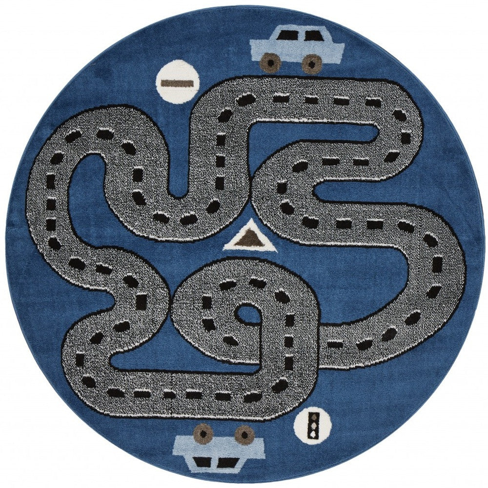 5' Round Navy Imaginative Racetrack Area Rug