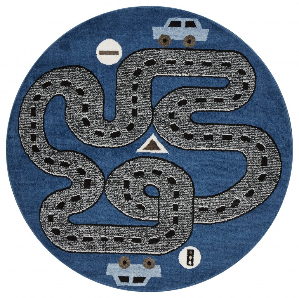 5' Round Navy Imaginative Racetrack Area Rug