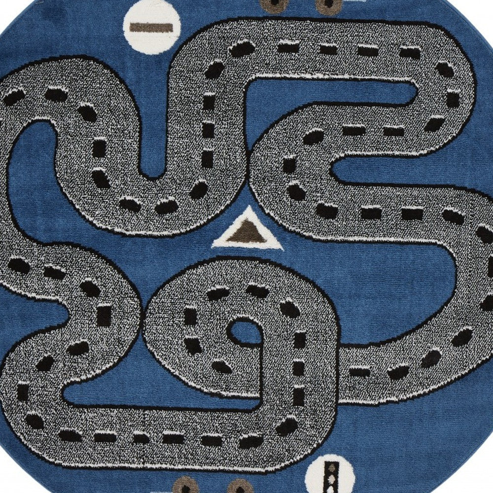 5' Round Navy Imaginative Racetrack Area Rug