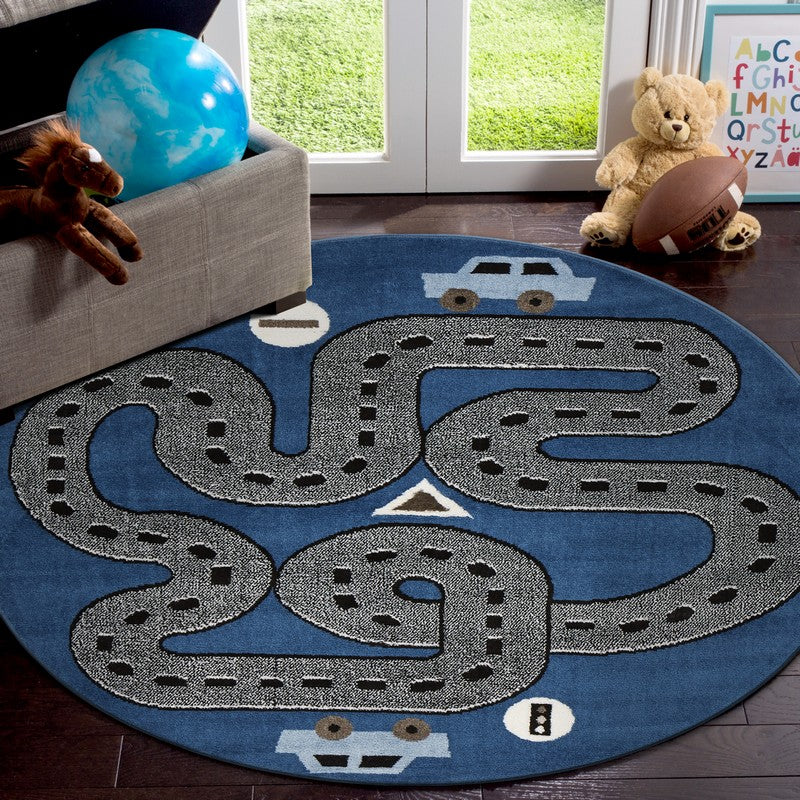 5' Round Navy Imaginative Racetrack Area Rug