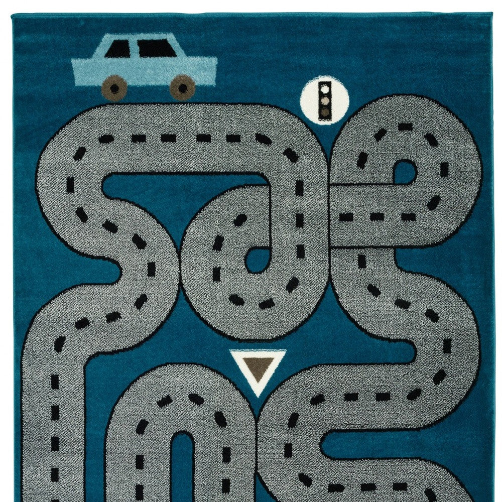 5' Round Navy Imaginative Racetrack Area Rug