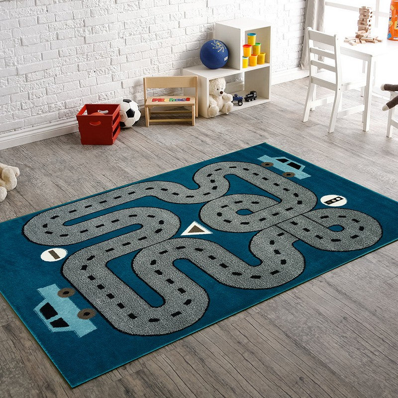 5' Round Navy Imaginative Racetrack Area Rug