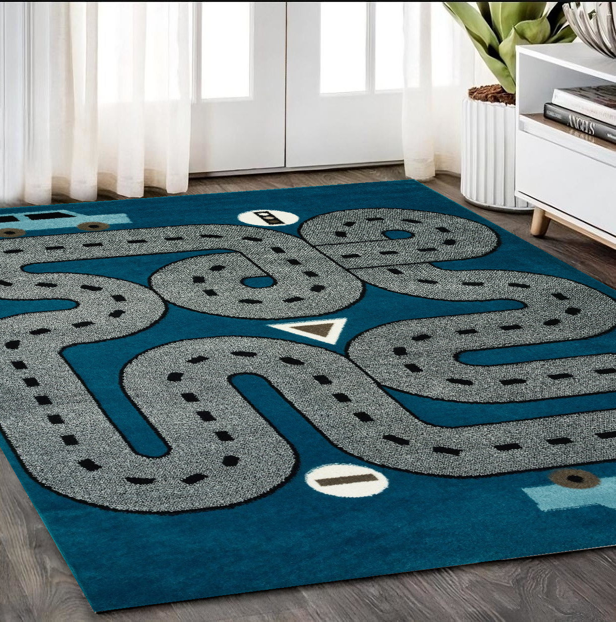 5' Round Navy Imaginative Racetrack Area Rug