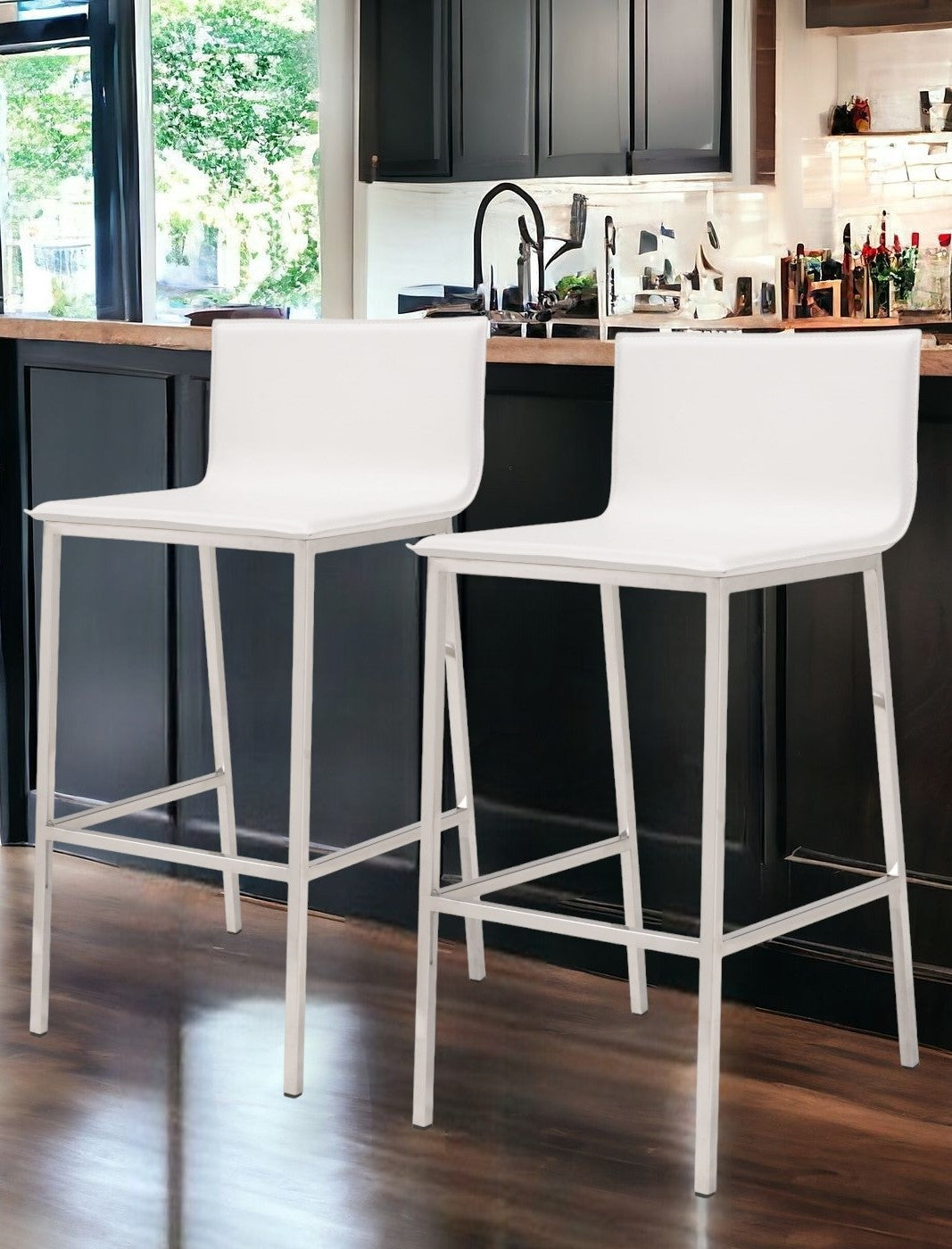 Set of Two 30" White And Silver Steel Low Back Bar Height Bar Chairs