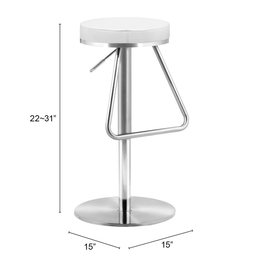 31" White And Silver Steel Swivel Backless Bar Height Bar Chair