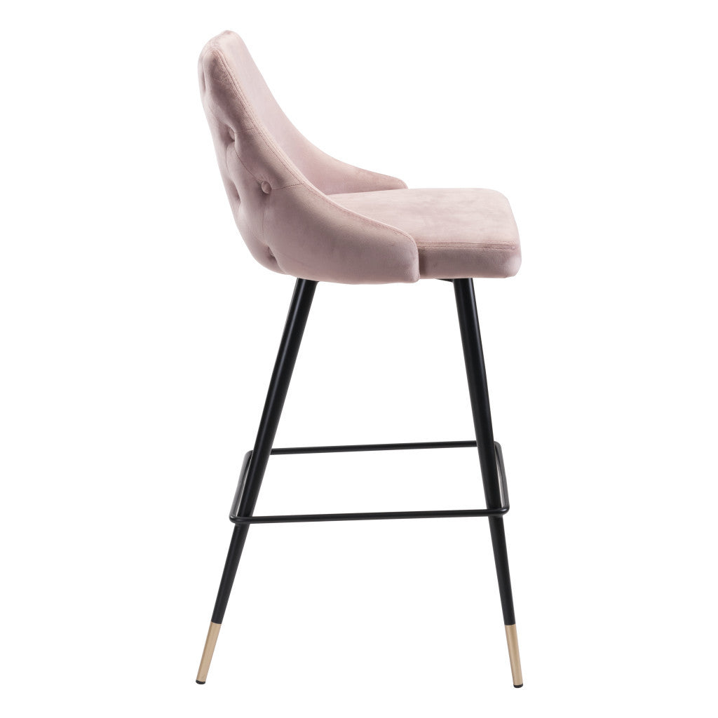 30" Pink And Black Velvet And Steel Bar Height Bar Chair