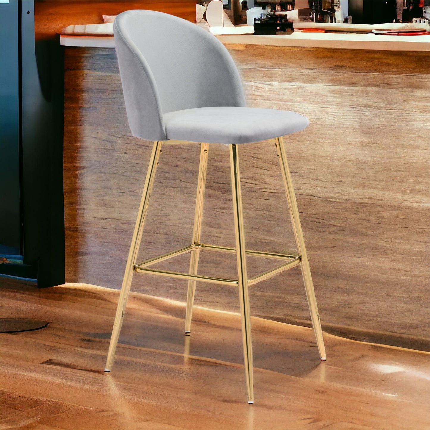 30" Gray And Gold Steel Low Back Bar Height Bar Chair