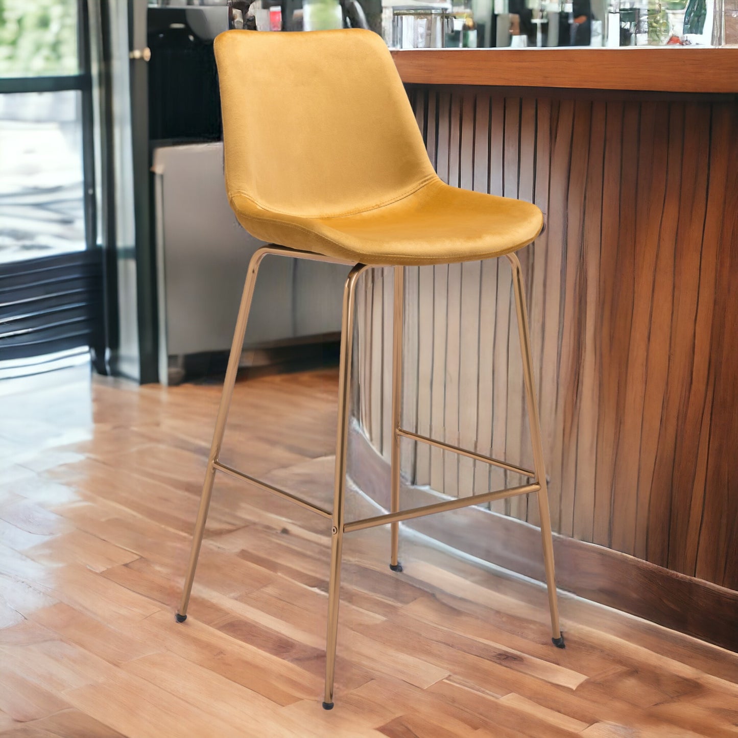 31" Yellow And Gold Velvet And Steel Low Back Bar Height Bar Chair