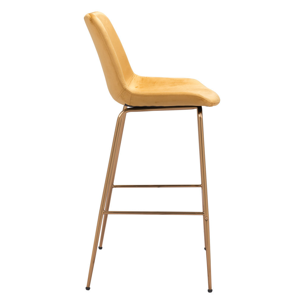 31" Yellow And Gold Velvet And Steel Low Back Bar Height Bar Chair