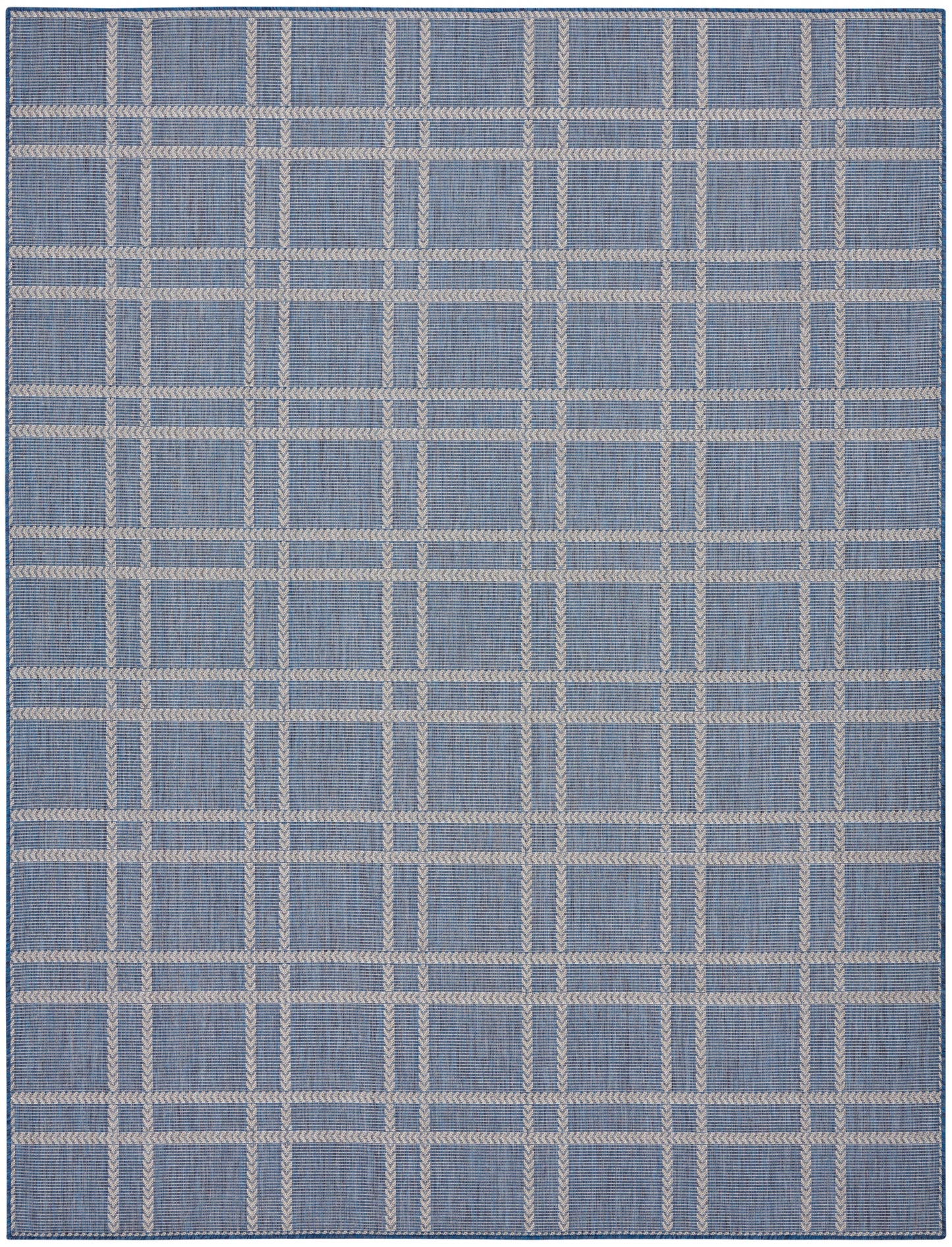 Blue woven rug with beige rope-grid plaid; braided texture, rectangular, modern rustic decor.