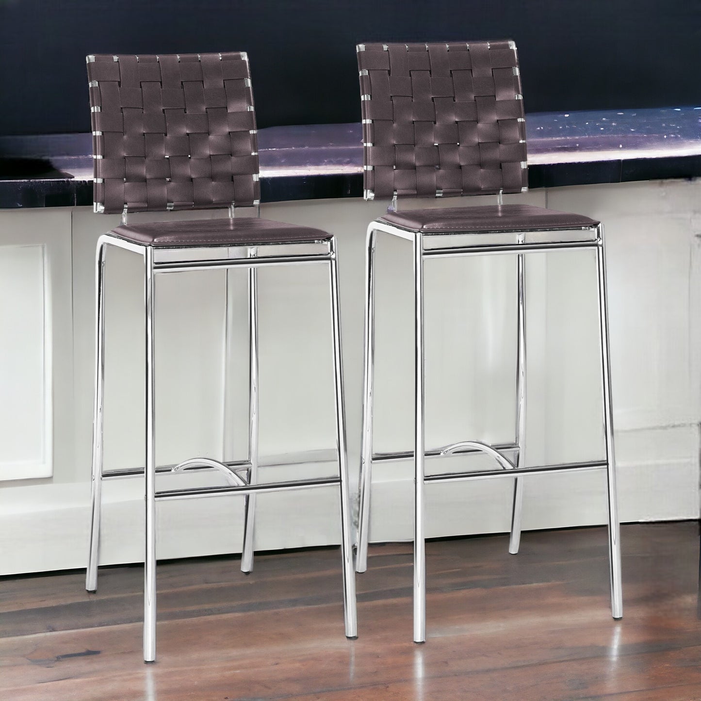 Set of Two 29" Espresso And Silver Steel Low Back Bar Height Bar Chairs