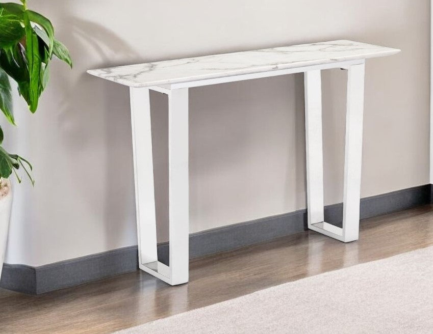 47" White and Silver Faux Marble Sled Console Table