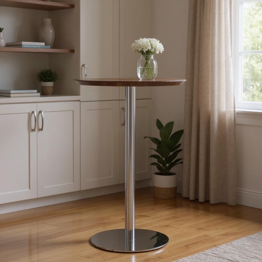 26" Brown and Silver Rounded Stainless Steel Bar Table