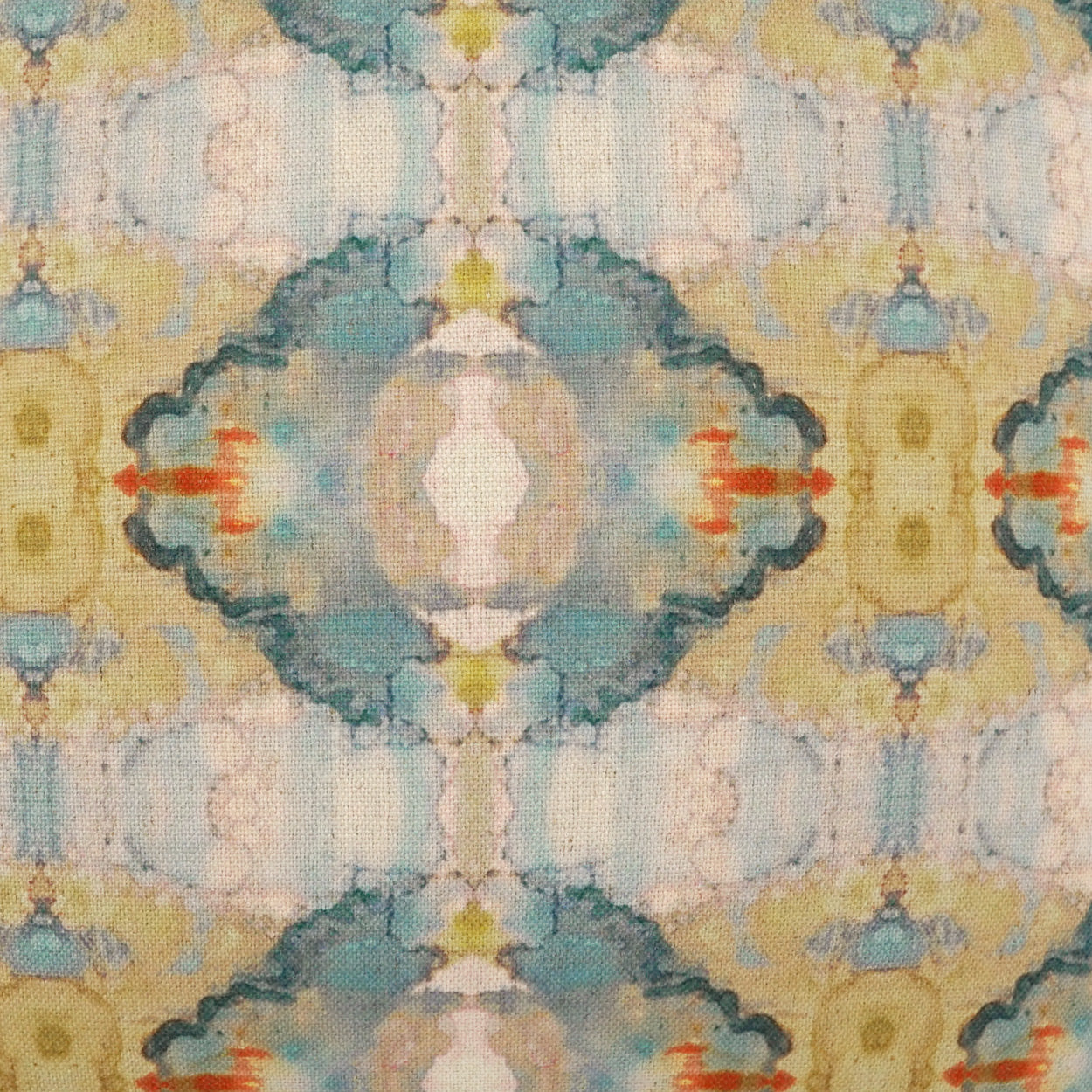 Tie-dye kaleidoscope fabric print in teal, blue, yellow & cream with diamond motifs; boho textile for upholstery.