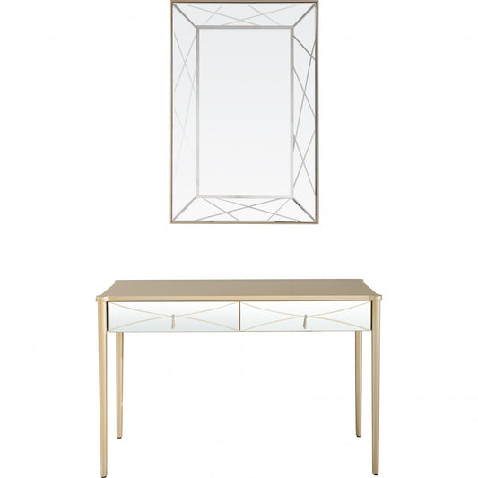 48" Champagne And Silver Mirrored Solid Wood And Glass Console Table With Two Drawers