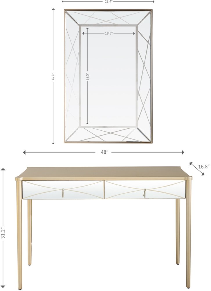 48" Champagne And Silver Mirrored Solid Wood And Glass Console Table With Two Drawers
