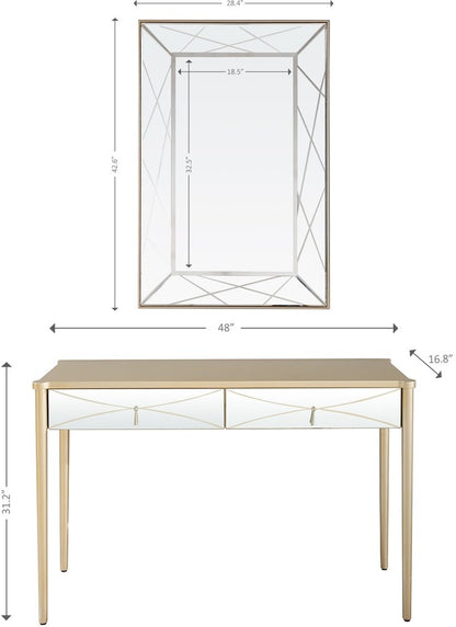 48" Champagne And Silver Mirrored Solid Wood And Glass Console Table With Two Drawers