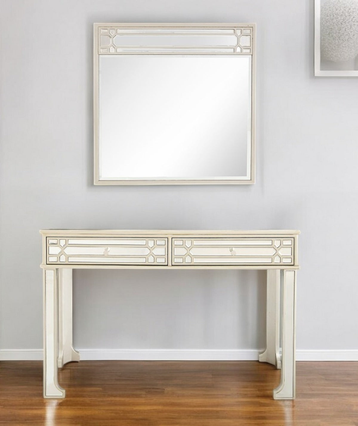 48" Champagne Mirrored Glass Console Table And Drawers