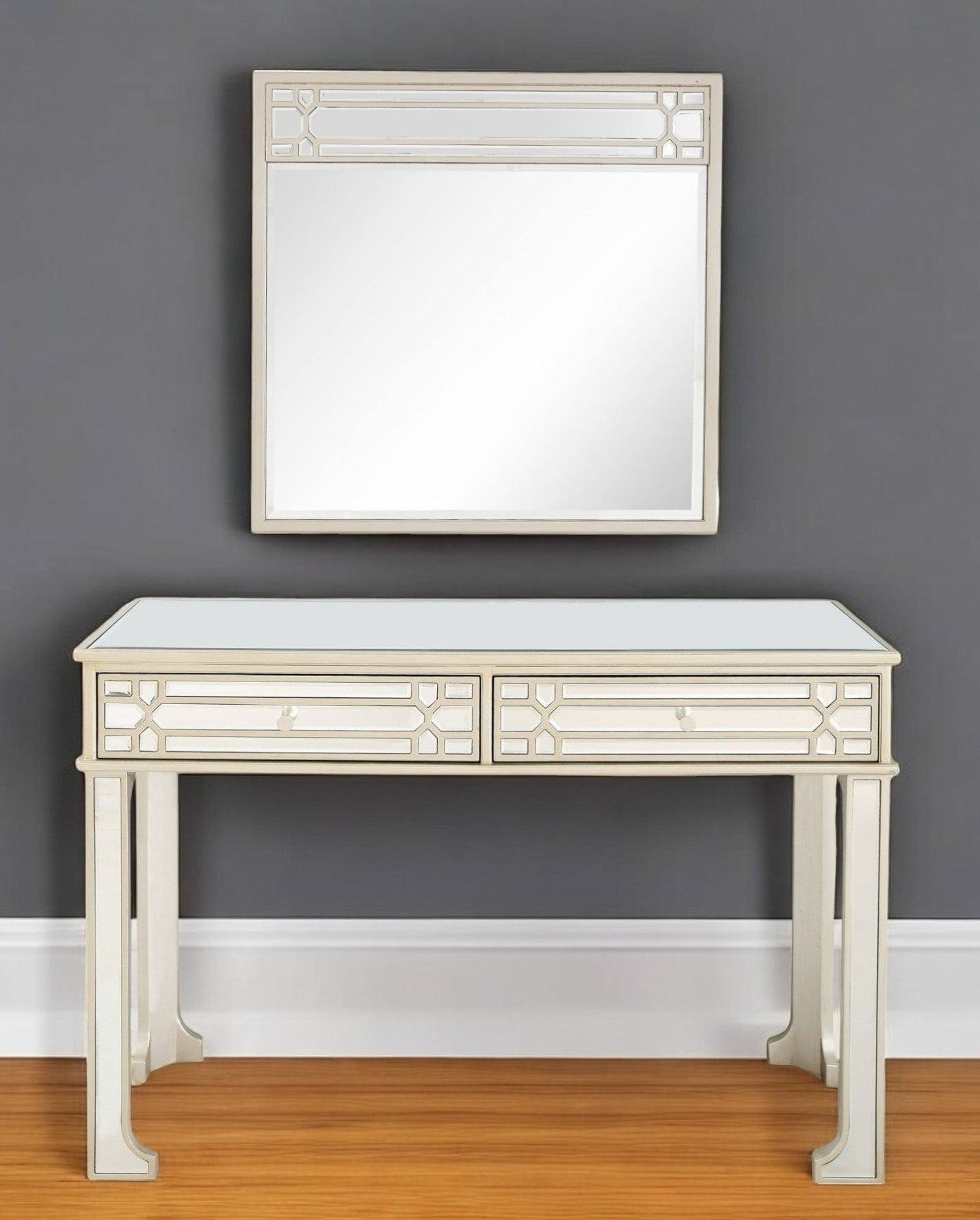 48" Champagne Mirrored Glass Console Table And Drawers