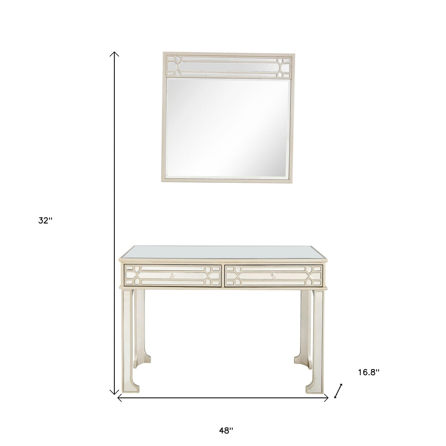 48" Champagne Mirrored Glass Console Table And Drawers