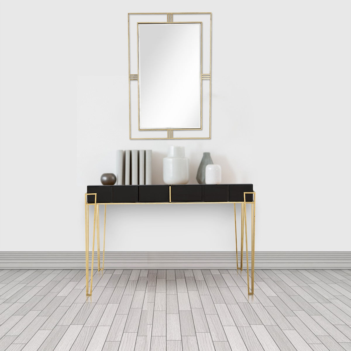 Modern Black and Gold Console Table and Mirror Set