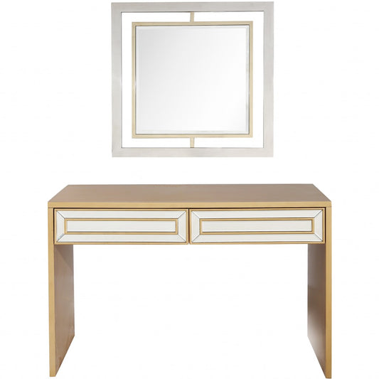 48" Gold And Silver Mirrored Wood And Glass Console Table With Two Drawers