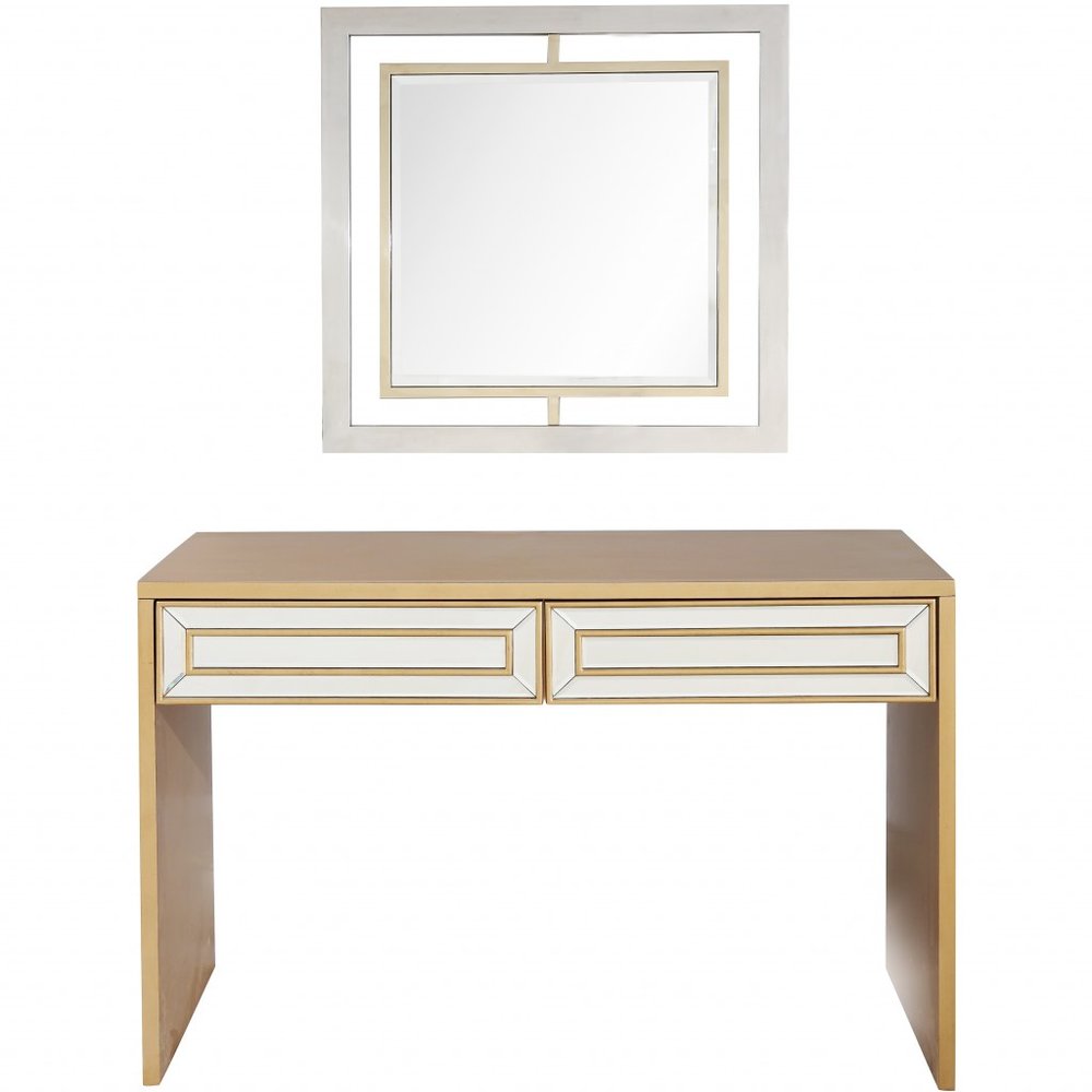 48" Gold And Silver Mirrored Wood And Glass Console Table With Two Drawers