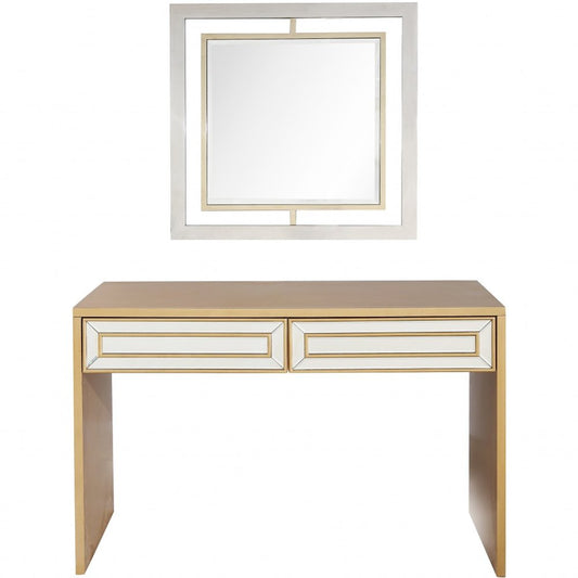 48" Gold And Silver Mirrored Wood And Glass Console Table With Two Drawers