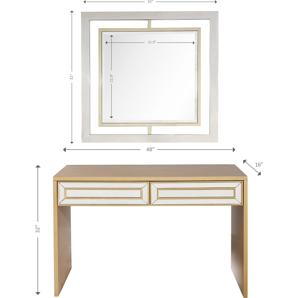 48" Gold And Silver Mirrored Wood And Glass Console Table With Two Drawers