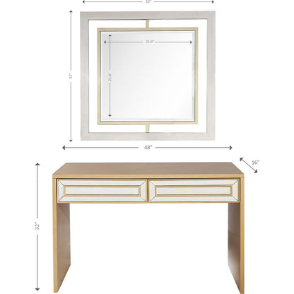 48" Gold And Silver Mirrored Wood And Glass Console Table With Two Drawers