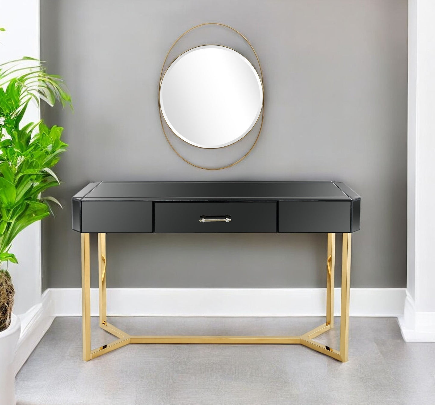 47" Black and Gold Mirrored Glass Frame Console Table And Drawers