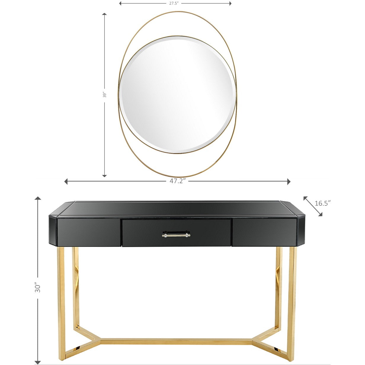 47" Black and Gold Mirrored Glass Frame Console Table And Drawers