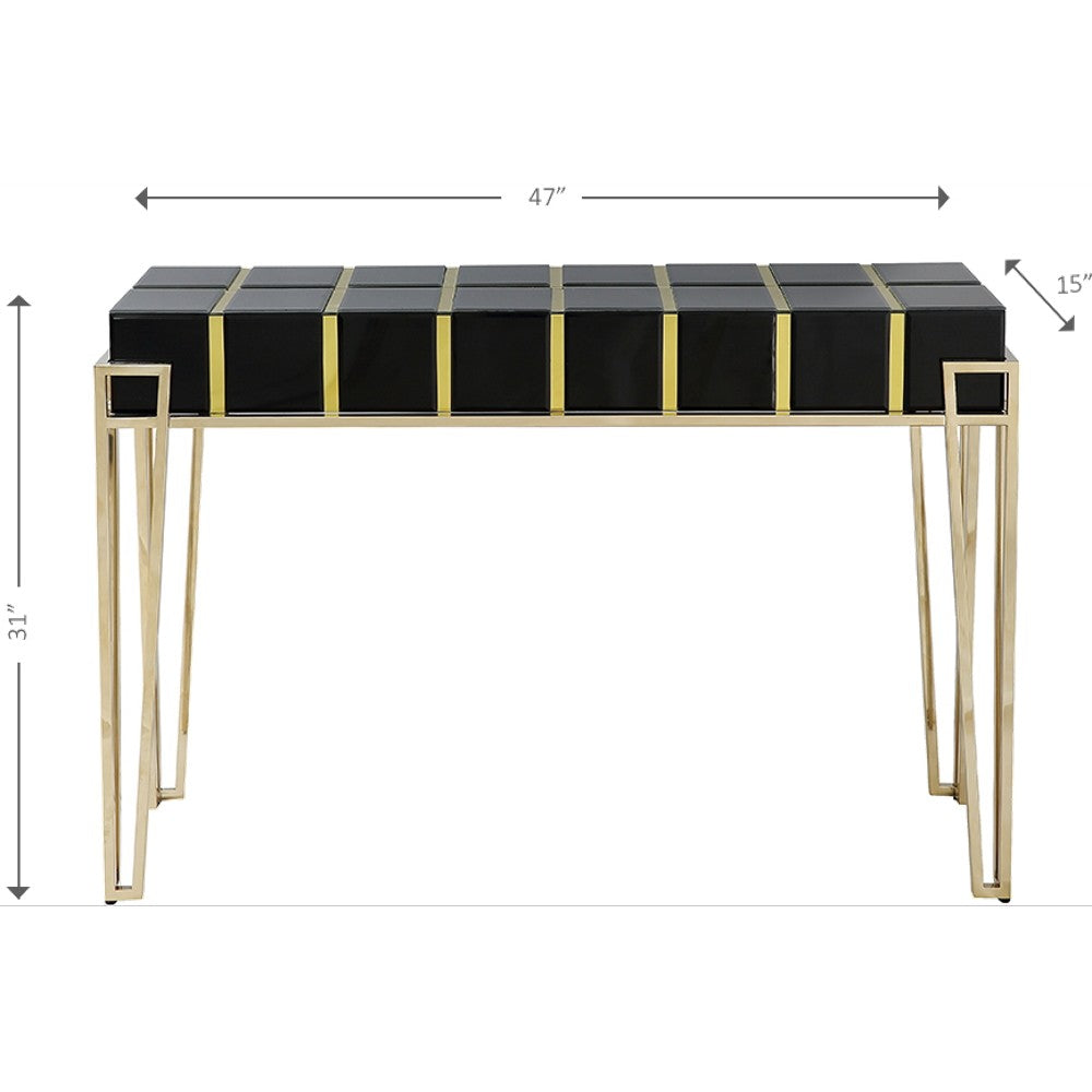 47" Black and Gold Mirrored Glass Console Table