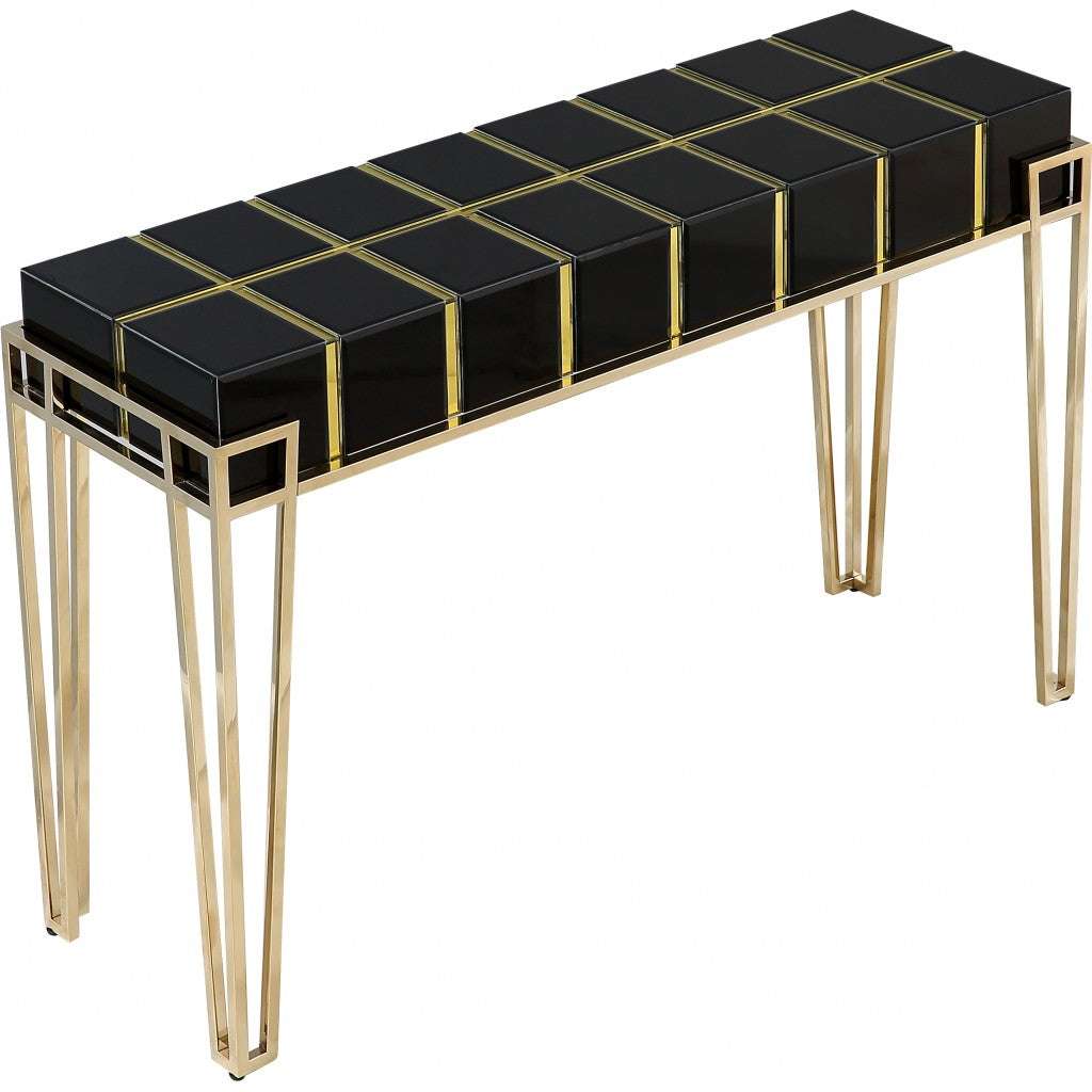 47" Black and Gold Mirrored Glass Console Table